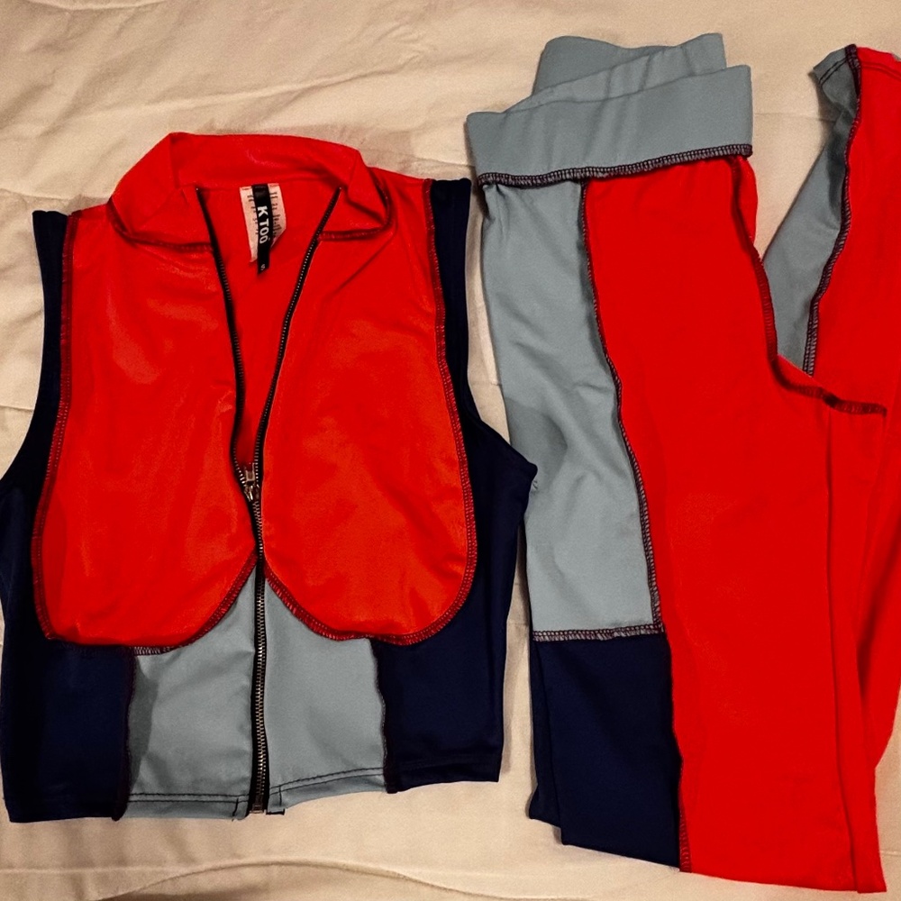 K Too Activewear Leggings & Cropped Topfull Zipper Color Block Size Small